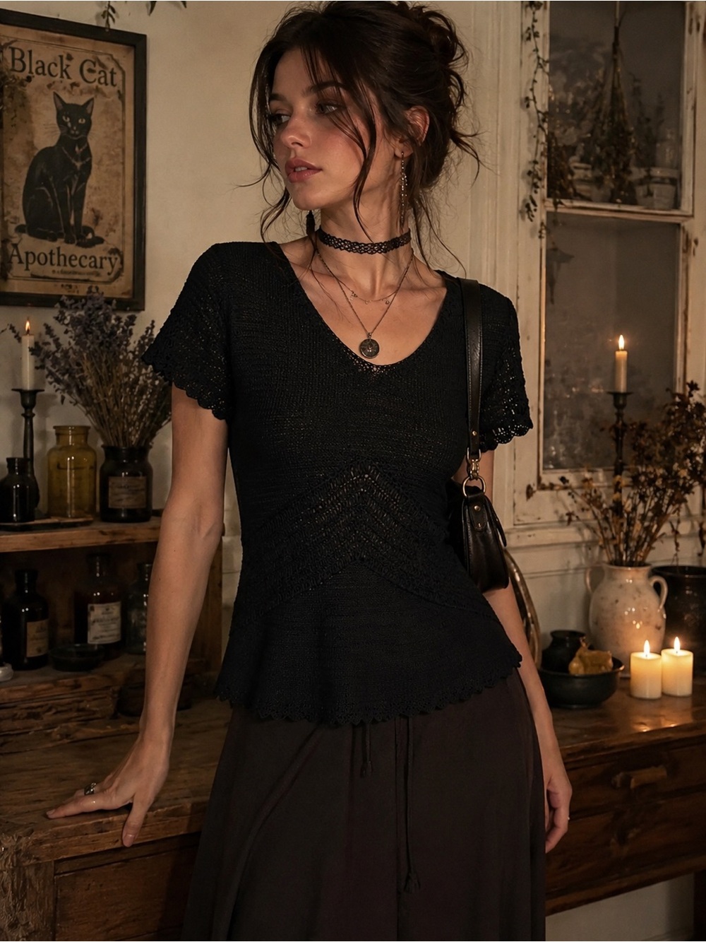 Hillard & Hanson Y2K Vintage Knit Black Woven Scalloped Top L Witchy Fairy